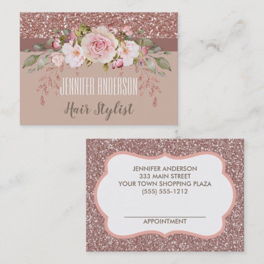 Roze Glitter Floral Hairdresser Salon Appointment Afsprakenkaartje (Voorkant / Achterkant)