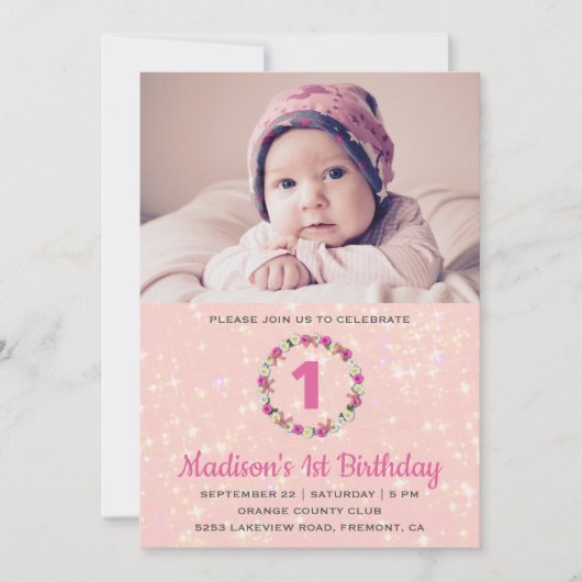 Roze Glitter Floral krans Eerste Verjaardag Uitnod Kaart (Voorkant)