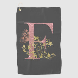 Roze glitter Floral Letter F Golfhanddoek