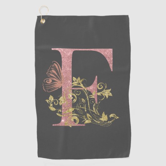 Roze glitter Floral Letter F Golfhanddoek (Voorkant)