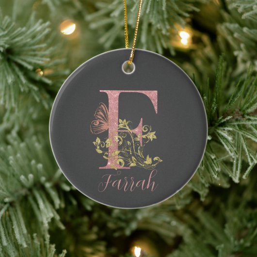 Roze glitter Floral Letter F Keramisch Ornament (Boom)