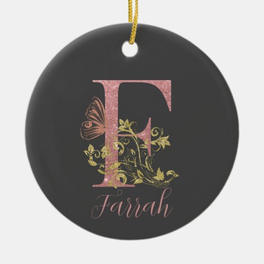 Roze glitter Floral Letter F Keramisch Ornament (Voorkant)