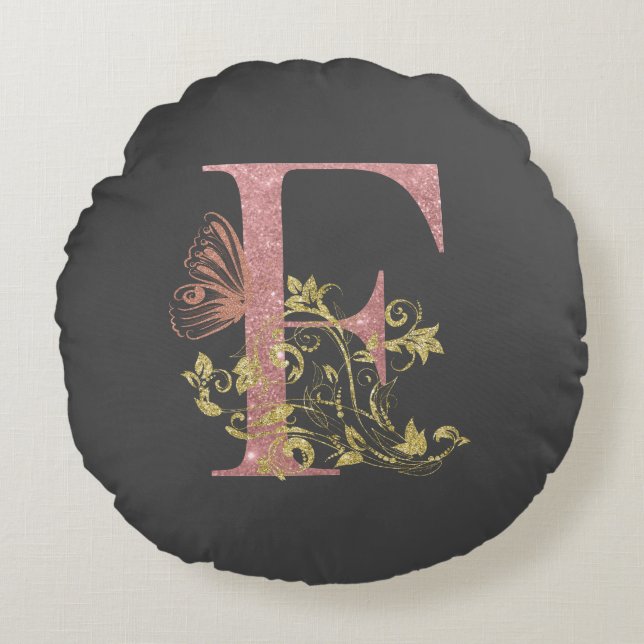 Roze glitter Floral Letter F Rond Kussen (Voorkant)