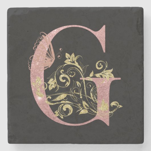 Roze glitter Floral Letter G Stenen Onderzetter (Voorkant)