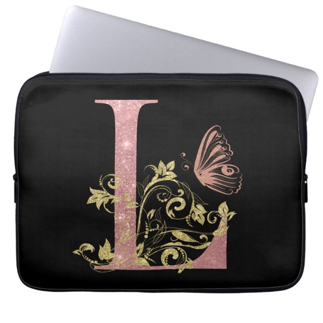Roze Glitter Floral Letter L Laptop Sleeve (Voorkant)