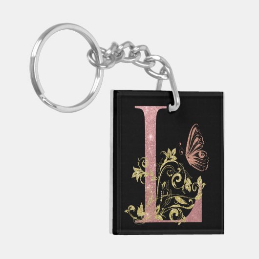 Roze Glitter Floral Letter L Sleutelhanger (Voorkant Links)