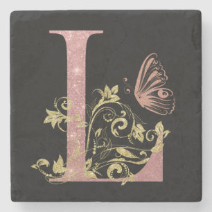 Roze glitter Floral Letter L Stone Onderzetter