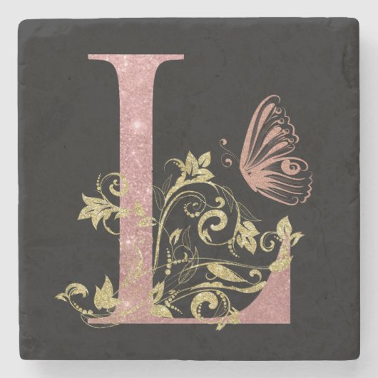 Roze glitter Floral Letter L Stone Onderzetter (Voorkant)