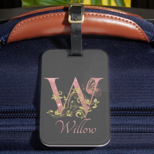 Roze Glitter Floral Letter W Bagagelabel (Voorkant Insitu 2)