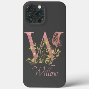 Roze Glitter Floral Letter W Case-Mate iPhone Case