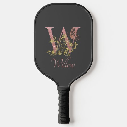 Roze Glitter Floral Letter W  Pickleball Paddle (Voorkant)
