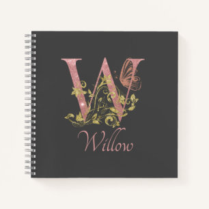 Roze Glitter Floral Letter W Sketch Notitieboek