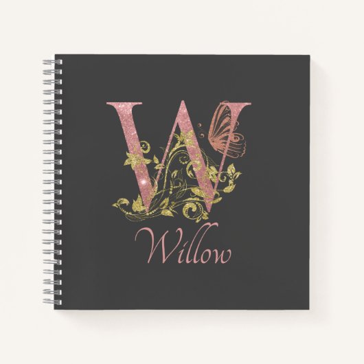 Roze Glitter Floral Letter W Sketch Notitieboek (Voorkant)