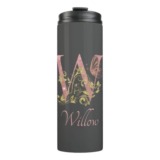Roze Glitter Floral Letter W Thermosbeker (Voorkant)