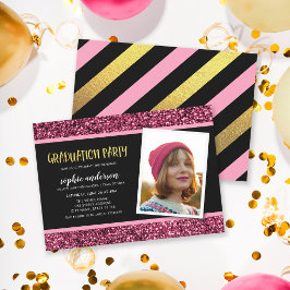 Roze Glitter Foto Afstudeerfeest Uitnodiging