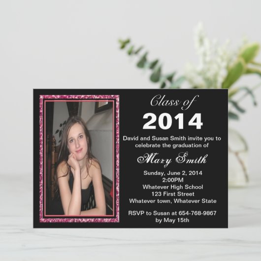 Roze Glitter Foto Lijst Afstuderen Invitation Kaart (Staand voorkant)