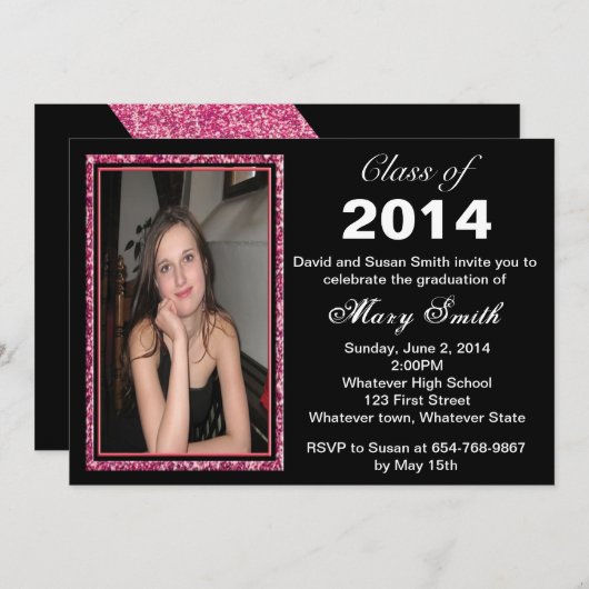 Roze Glitter Foto Lijst Afstuderen Invitation Kaart (Voorkant / Achterkant)