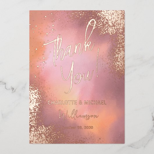 Roze Glitter Foto-overlay Trouw Dank Je Folie Uitnodiging (Voorkant)