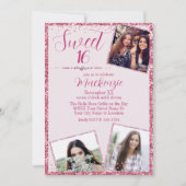 Roze Glitter & Foto's Sweet 16 Verjaardagsfeest Kaart (Voorkant)