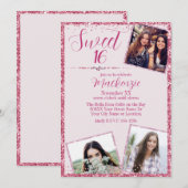 Roze Glitter & Foto's Sweet 16 Verjaardagsfeest Kaart (Voorkant / Achterkant)