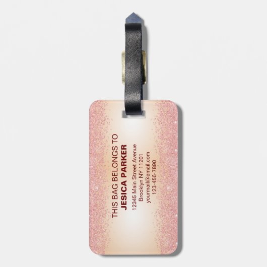Roze Glitter Geborsteld Metalen Script Bagagelabel (Achterkant verticaal)