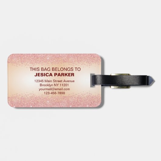 Roze Glitter Geborsteld Metalen Script Bagagelabel (Achterkant horizontaal)