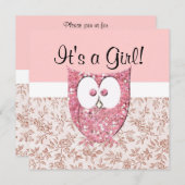 Roze glitter (gedrukt) Baby Owl Uitnodiging (Voorkant / Achterkant)