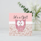 Roze glitter (gedrukt) Baby Owl Uitnodiging (Staand voorkant)