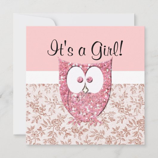 Roze glitter (gedrukt) Baby Owl Uitnodiging (Voorkant)