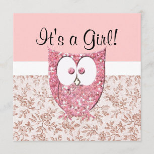 Roze glitter (gedrukt) Baby Owl Uitnodiging