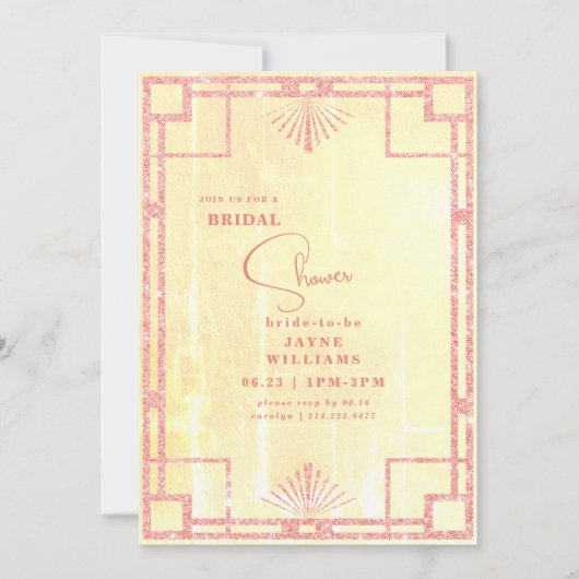 Roze Glitter Geel Art Deco Bruids Douche Kaart (Voorkant)