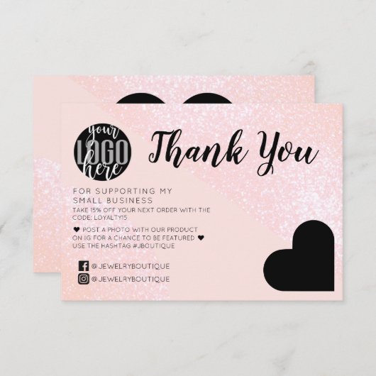 Roze Glitter Geo Heart Logo Klant Dank je Bedankkaart (Voorkant / Achterkant)