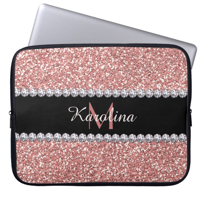Roze glitter, gepersonaliseerd met monogram laptop sleeve (Voorkant)