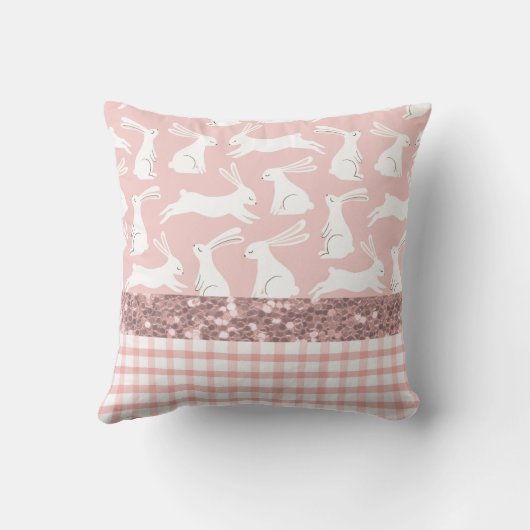 Roze Glitter Gingham Pset Rabbits Kussen (Achterkant)