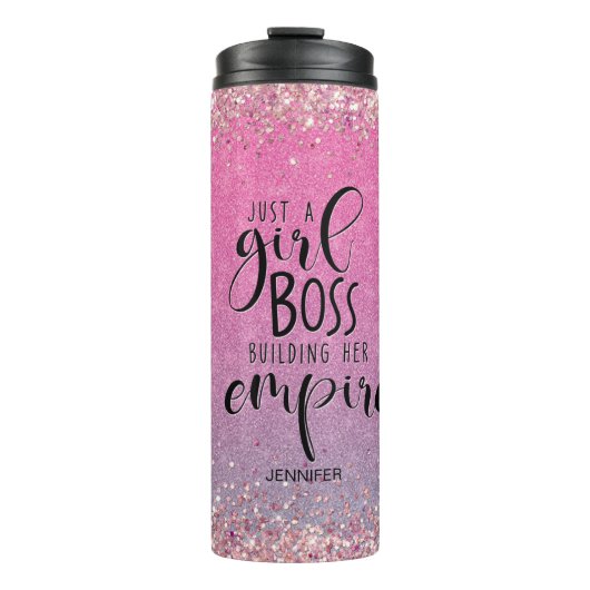 Roze Glitter Girl Boss Name Building Empire Thermosbeker (Voorkant)