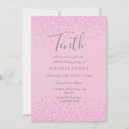 Roze Glitter Girls 10th Birthday Party Invite Kaart (Voorkant)
