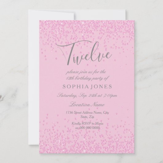 Roze Glitter Girls 12th Birthday Party Invite Kaart (Voorkant)