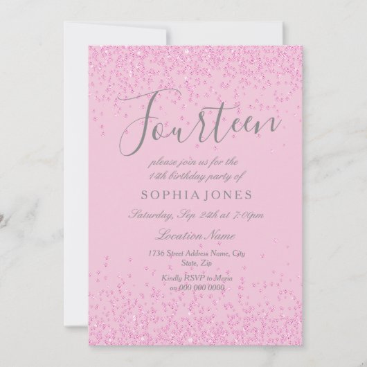 Roze Glitter Girls 14e verjaardag van de uitnodigi Kaart (Voorkant)