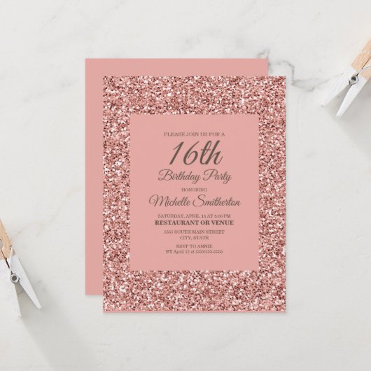 Roze Glitter Girl's zestiende verjaardag Kaart (Voorkant / Achterkant in situ)