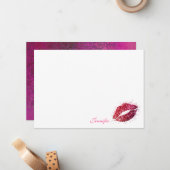 Roze glitter Girly Lipstick Kiss gepersonaliseerd Notitiekaartje (Voorkant / Achterkant in situ)