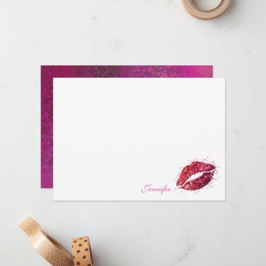 Roze glitter Girly Lipstick Kiss gepersonaliseerd Notitiekaartje (Voorkant / Achterkant in situ)