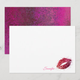 Roze glitter Girly Lipstick Kiss gepersonaliseerd Notitiekaartje