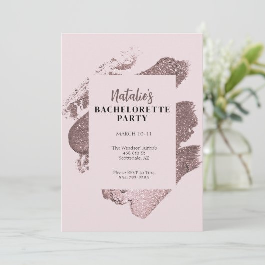 Roze Glitter Glam Bachelorette Party Uitnodiging (Staand voorkant)