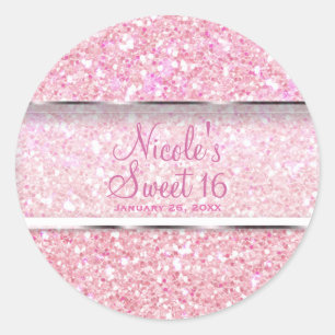 Roze Glitter Glam Feestelijk Sweet 16 Feestcadeaut Ronde Sticker