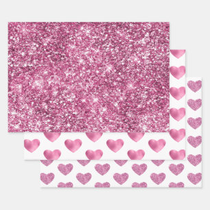 Roze Glitter Glam Hart Verjaardag Inpakpapier Vel