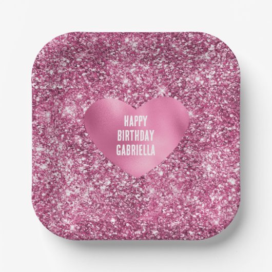  Roze Glitter Glam Hart Verjaardag Papieren Bordje (Voorkant)