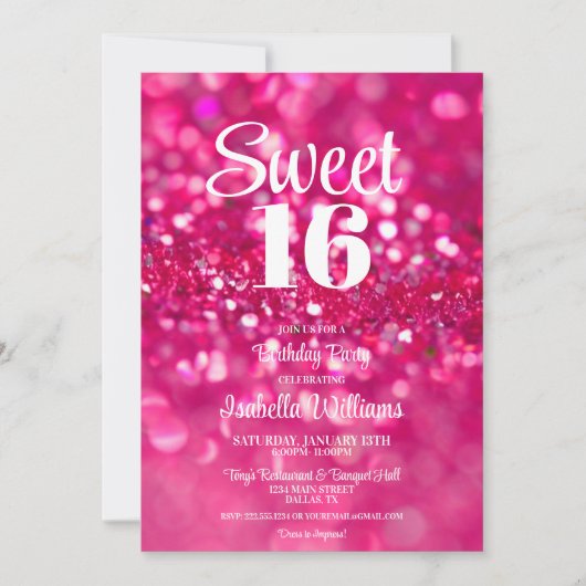Roze Glitter Glam Sweet 16 Verjaardagsuitnodiging Kaart (Voorkant)