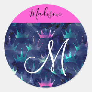 Roze Glitter Glans Meermin Kronen Monogram Ronde Sticker