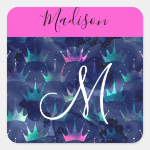 Roze Glitter Glans Meerminnen Kroontjes Monogram Vierkante Sticker