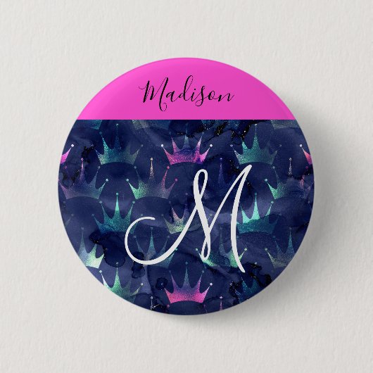 Roze Glitter Glans Zeemeermin Kroontjes Monogram Ronde Button 5,7 Cm (Voorkant)